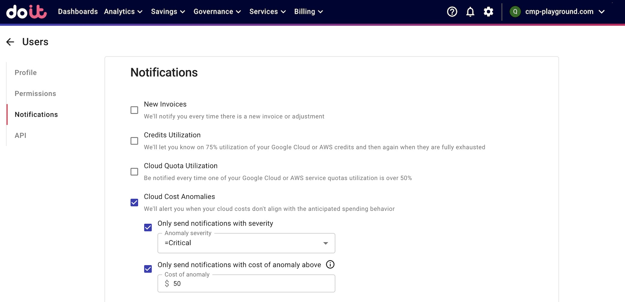The Notifications screen with Cloud Cost Anomalies selected
