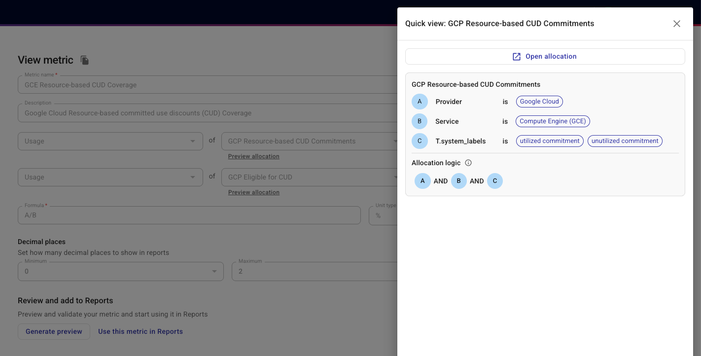 Metrics - Allocation preview
