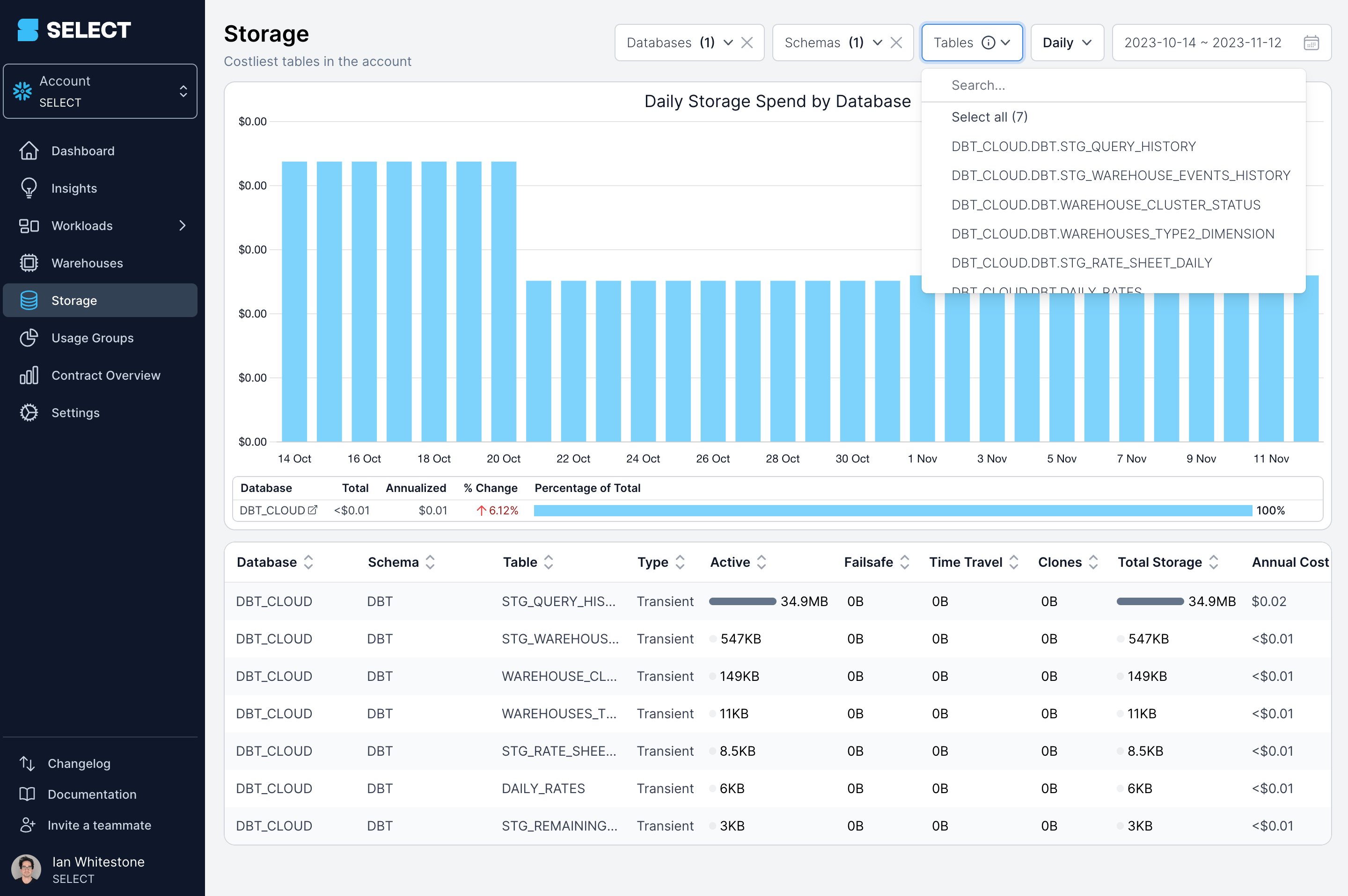 SELECT storage table and schema name filters
