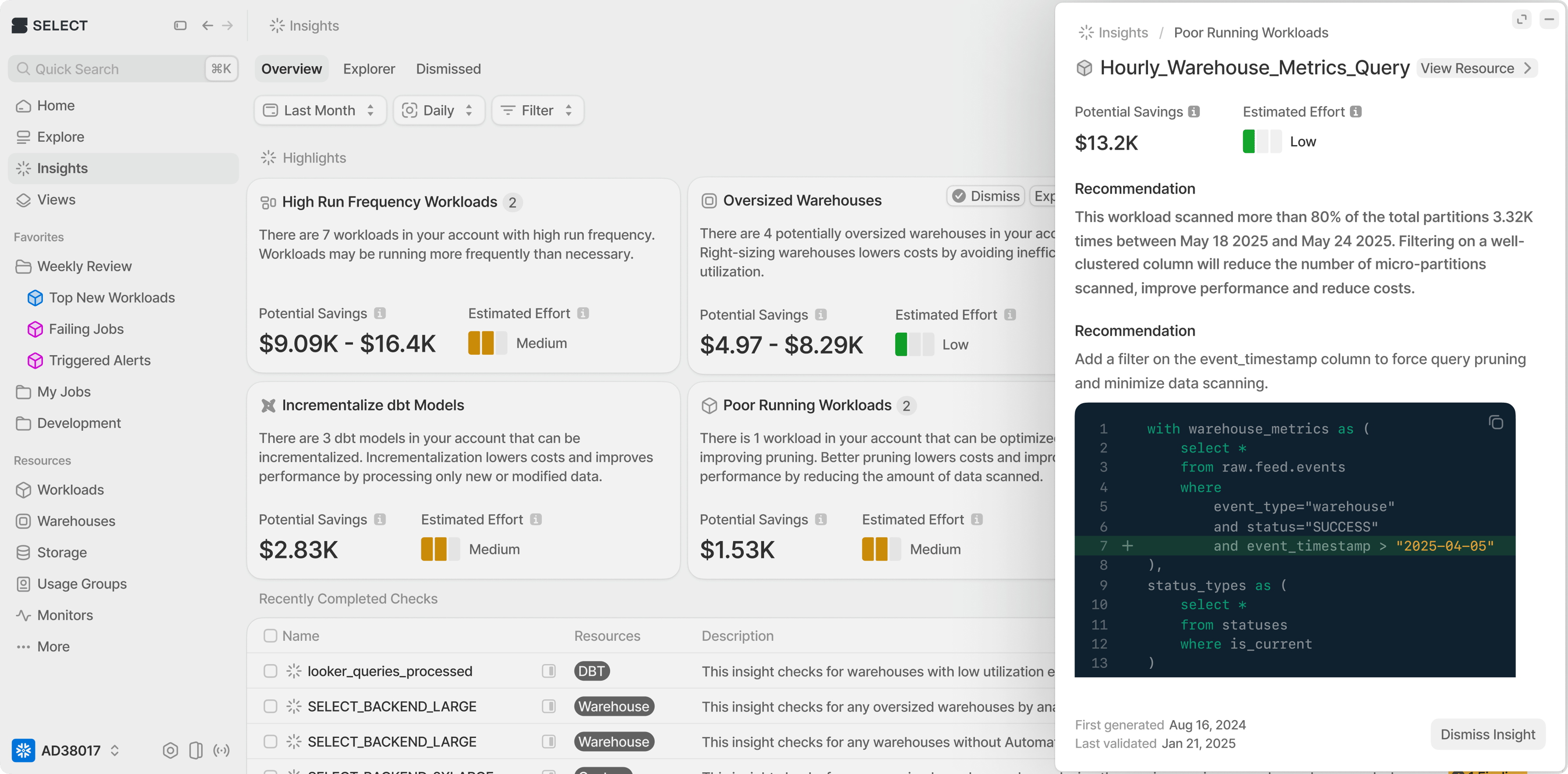 SELECT Insights product screen