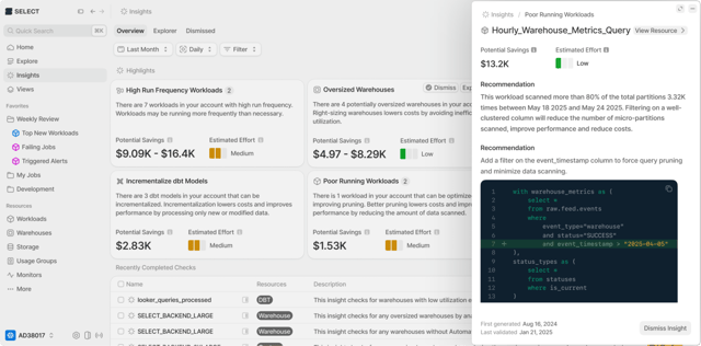 Pantalla de insights de PerfectScale con oportunidades de optimización y análisis de queries ineficientes