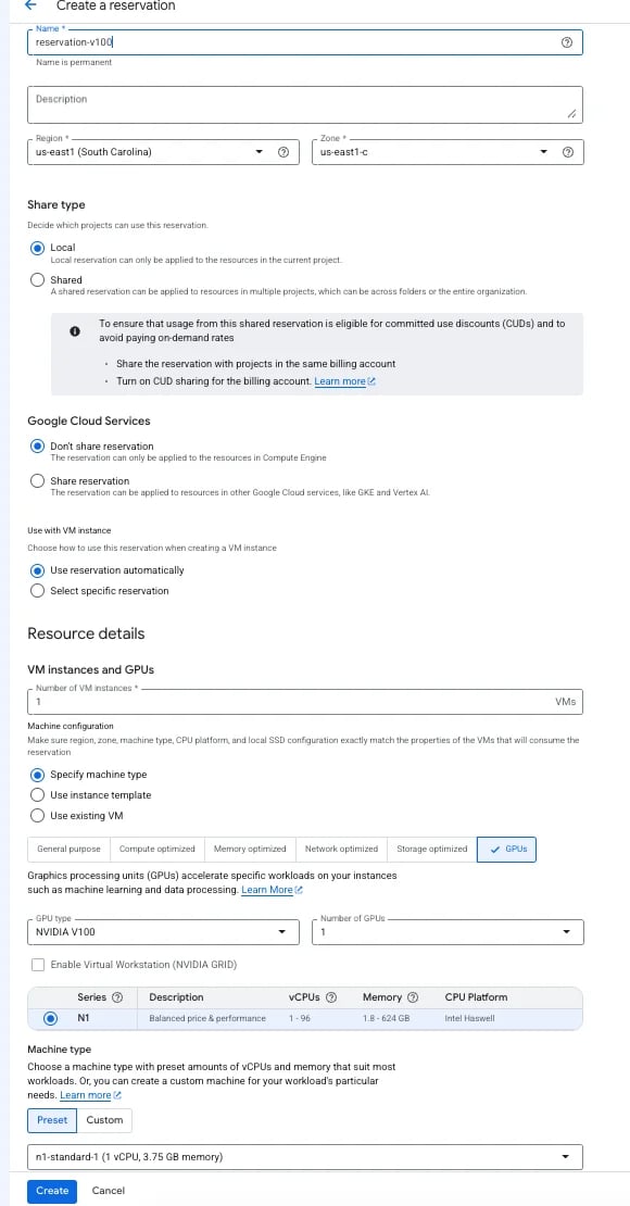 Google Cloud Console Create Reservation Screen