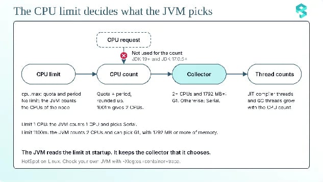 Diagram showing that the JVM reads the CPU limit, rounds it up to a CPU count, and then picks the garbage collector and thread counts, while the CPU request is not used.