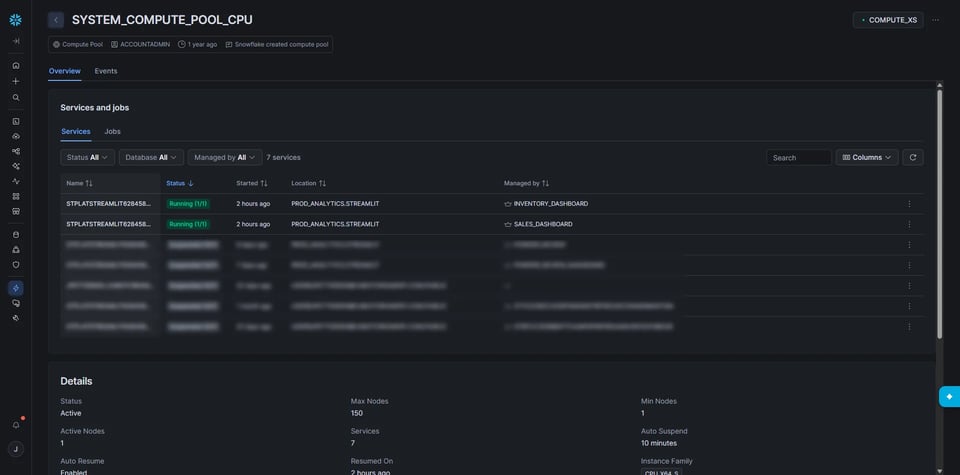 Compute pool details page showing running apps