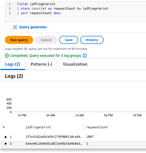 A screenshot from Logs Insights showing a query and a list of fingerprints and how often they occur in the logs