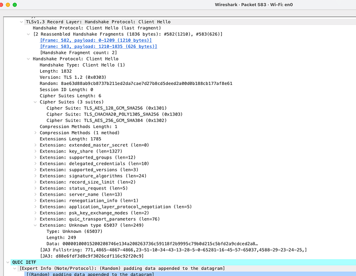Text details of a Client Hello packet from a Wireshark packet capture