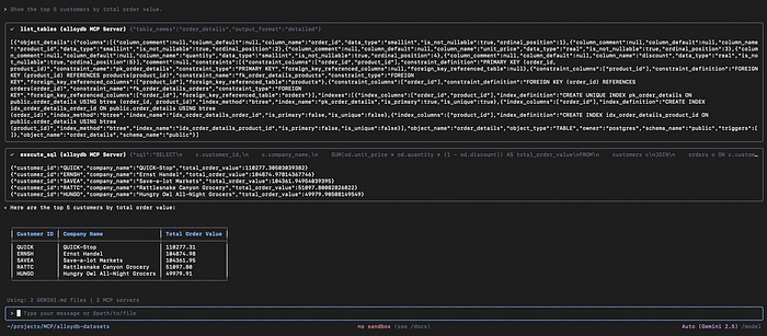 Query results showing top customers by total order value, generated and executed via MCP.