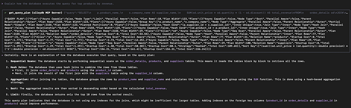 Query execution plan from AlloyDB with an explanation generated using MCP tools.