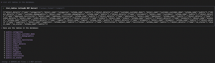 List of database tables retrieved using MCP tools in Gemini CLI without writing SQL.