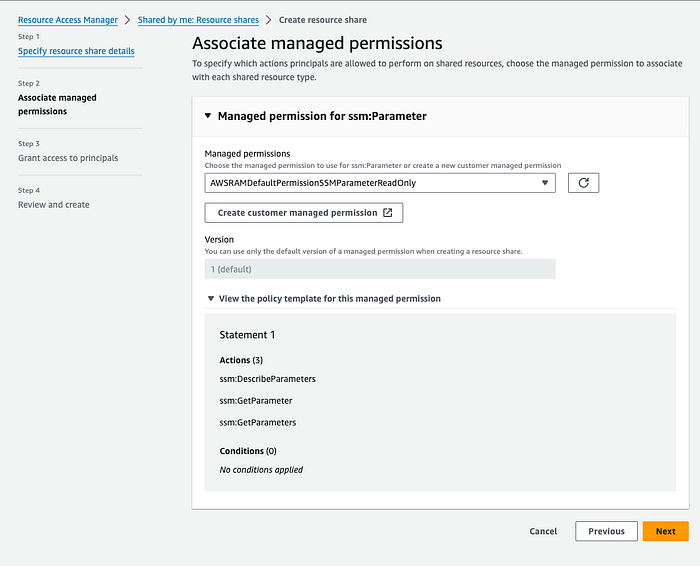 A screenshot from Resource Access Manager sharing the parameter — “Managed Permissions” section