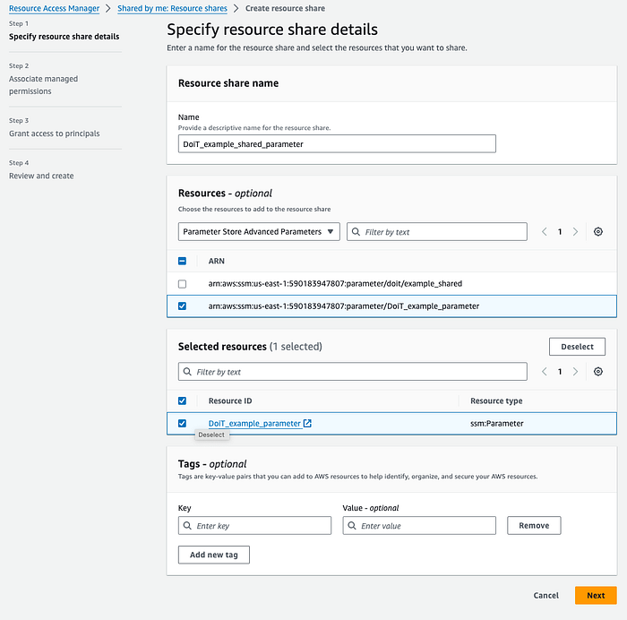 A screenshot from Resource Access Manager sharing the parameter — “Specify Resource Share Details” section