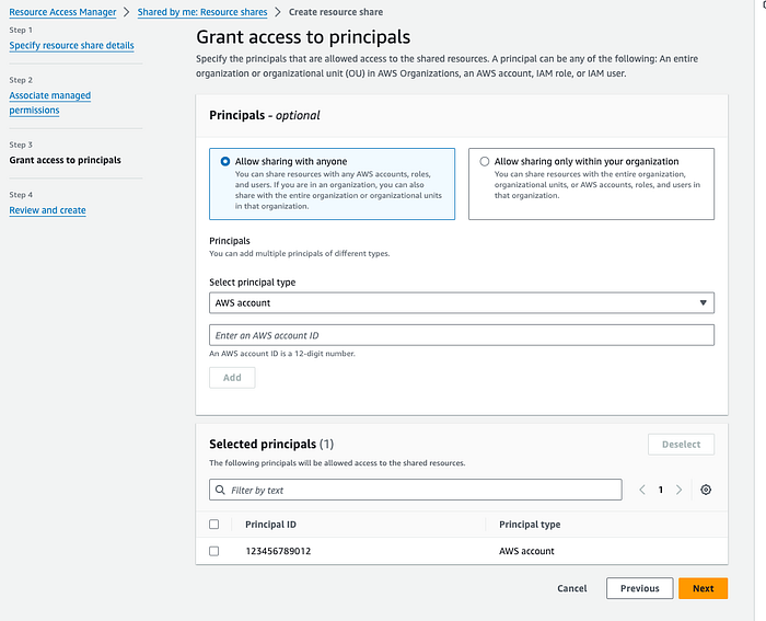 A screenshot from Resource Access Manager sharing the parameter — “Grant access to principals” section