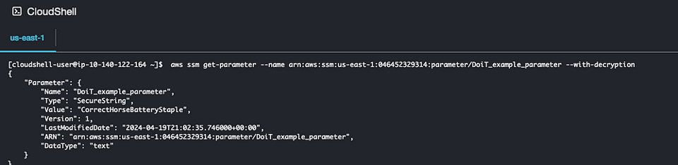 A screenshot from AWS CloudShell showing the command to read the encrypted parameter and the successful output