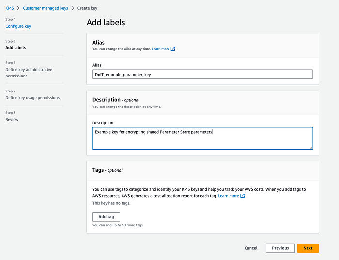 A screenshot of step 2 from the KMS key creation process