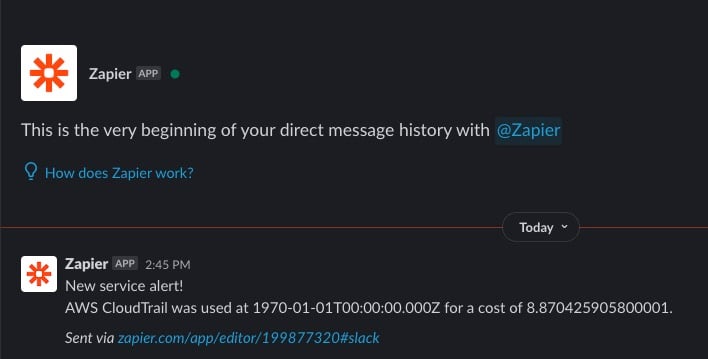 Slack alert detecting a new cloud service being used for the first time.