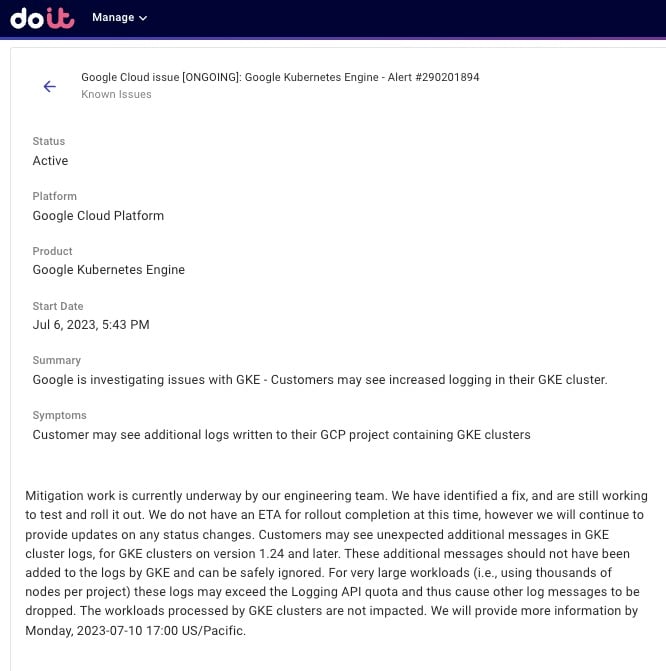 Cloud Incident displayed in Cloud Intelligence™