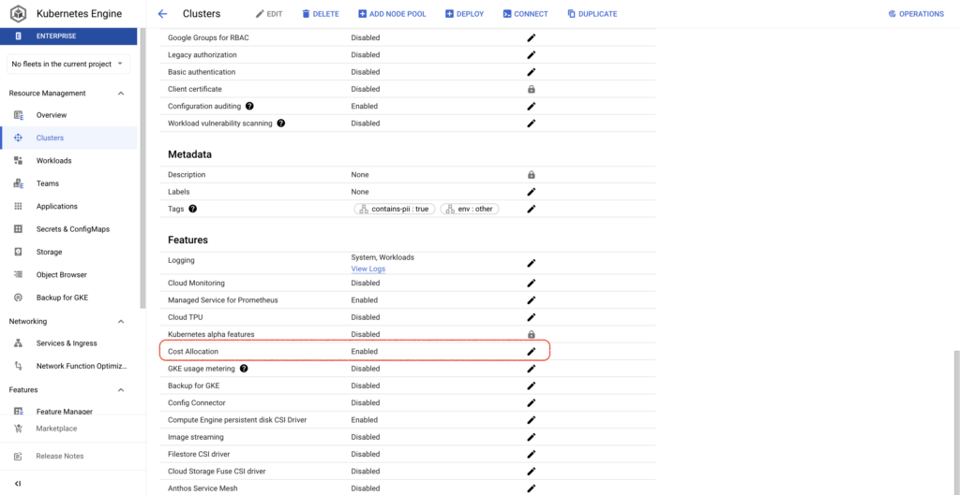 GKE cost allocation enabled