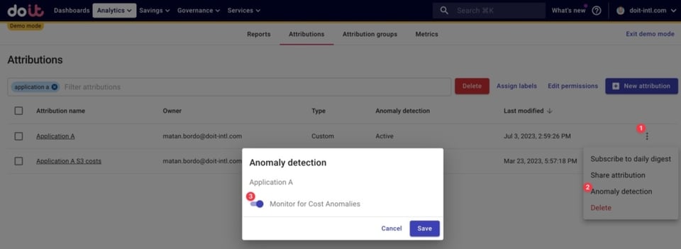 Toggle Anomaly Detection for a specific Application's cloud resources