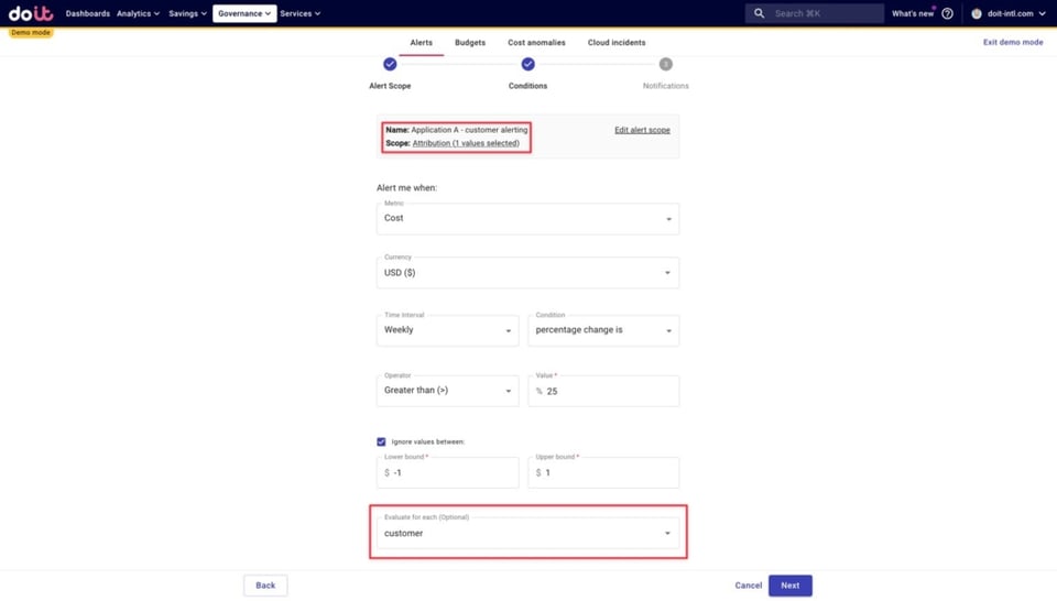 An alert which notifies us whenever the cost to serve any customer — as defined by selecting the “customer” tag in the Evaluate for each dropdown — increases by 25% or more, week over week