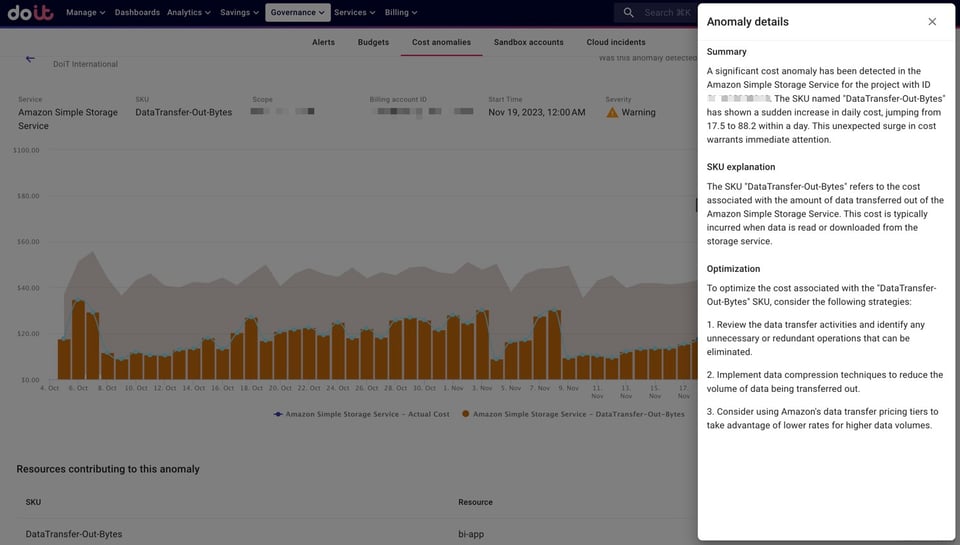 Example anomaly detected for DataTransferOut SKU for S3