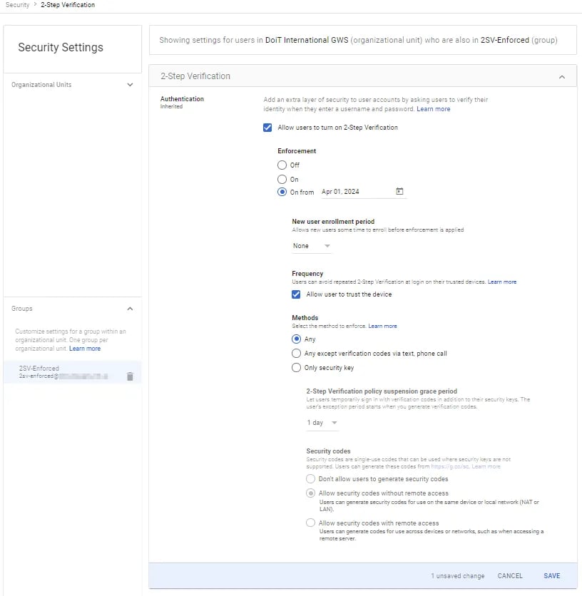 2-Step Verification policy enforcement settings.