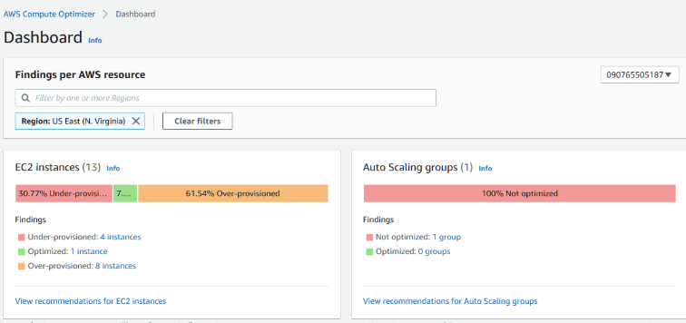 AWS Compute Optimizer dashboard showing rightsizing recommendations for EC2 instances