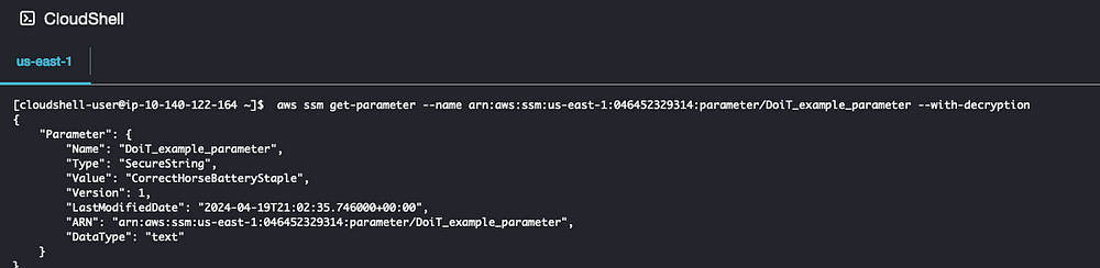 A screenshot from AWS CloudShell showing the command to read the encrypted parameter and the successful output