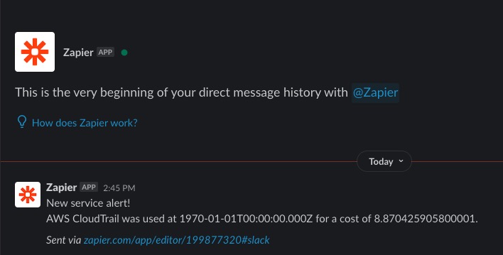 Slack alert detecting a new cloud service being used for the first time.