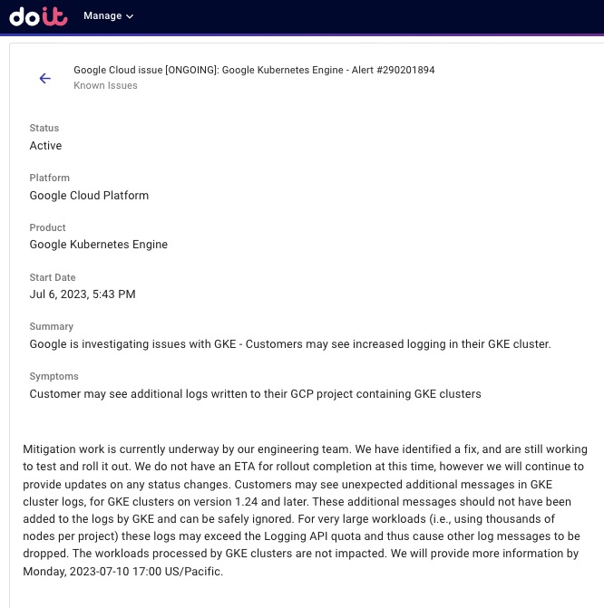 Cloud Incident displayed in DoiT Cloud Intelligence
