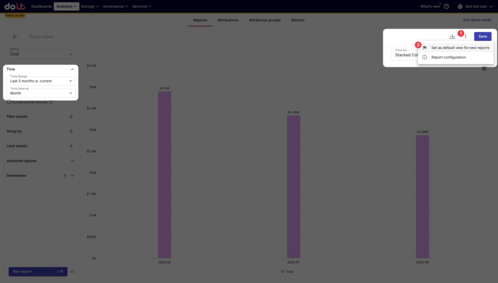 Setting up a default report configuration in DoiT Cloud Intelligence.